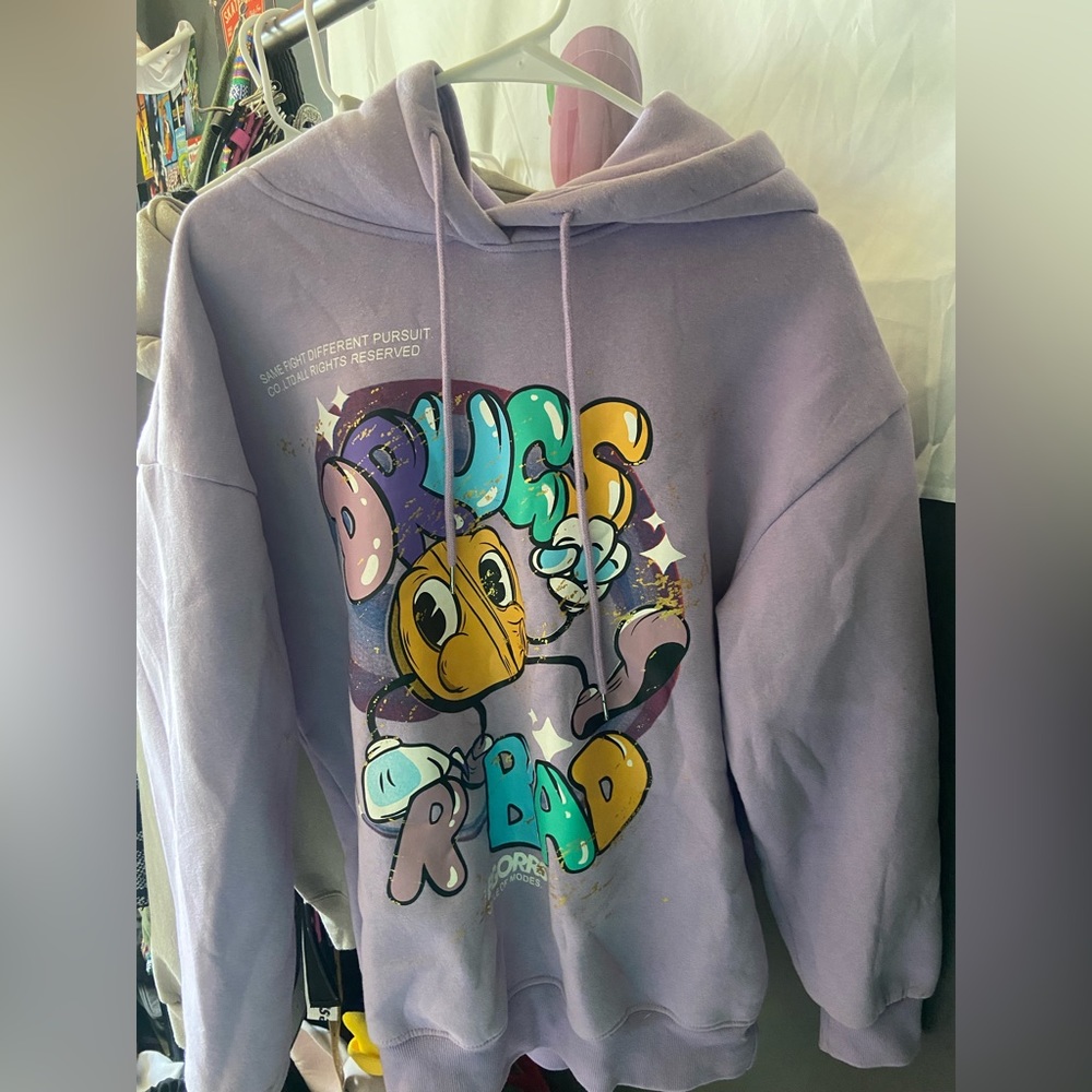 drugs r bad purple oversized hoodie